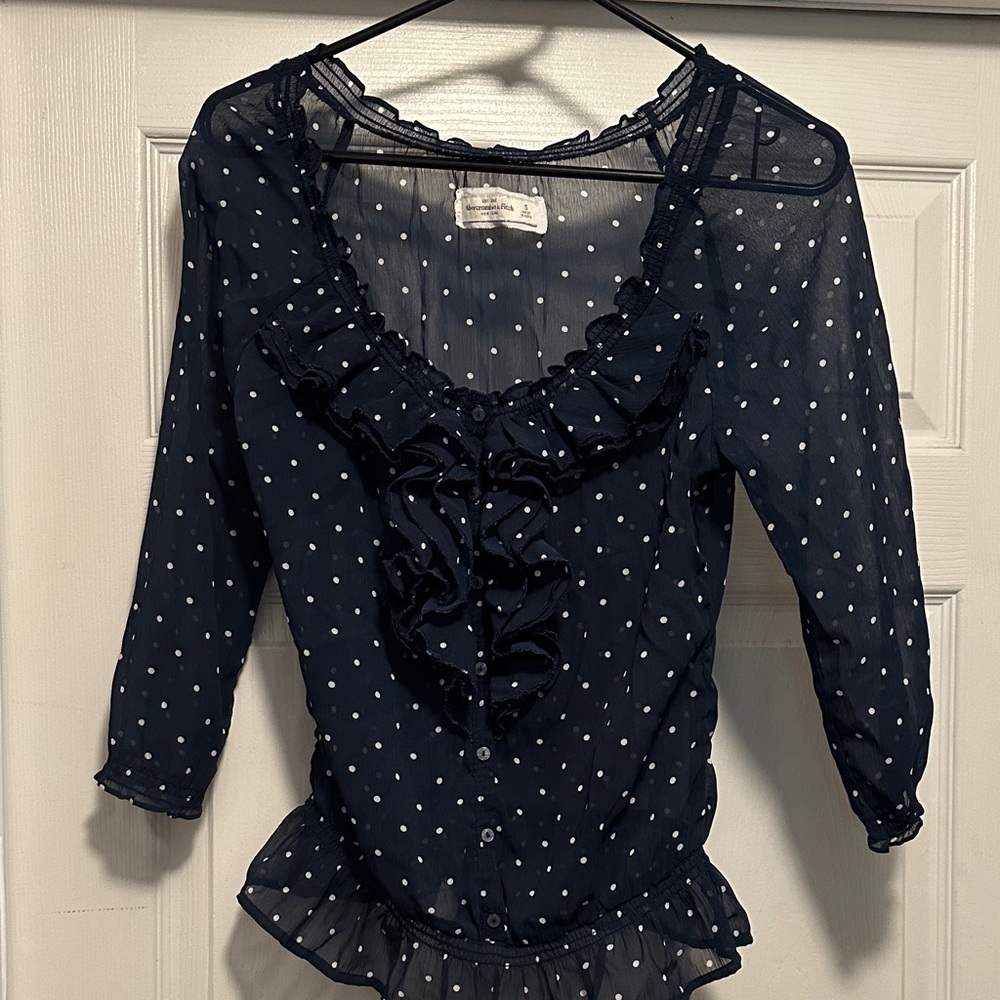 Navy Polka Dot Ruffle Blouse